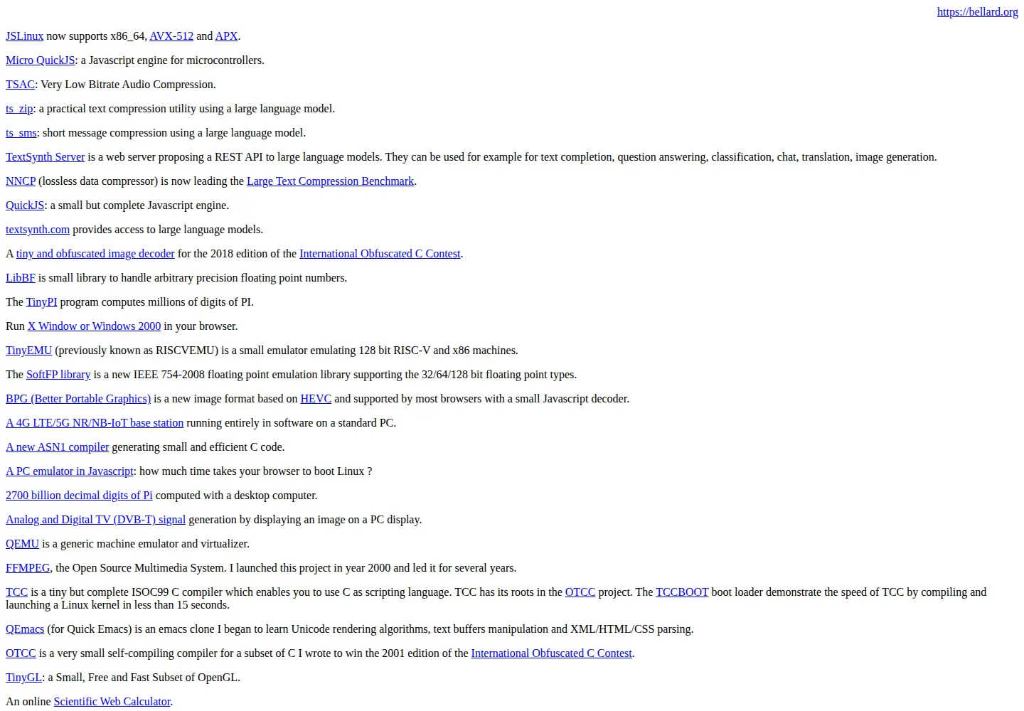 Screenshot of bellard.org