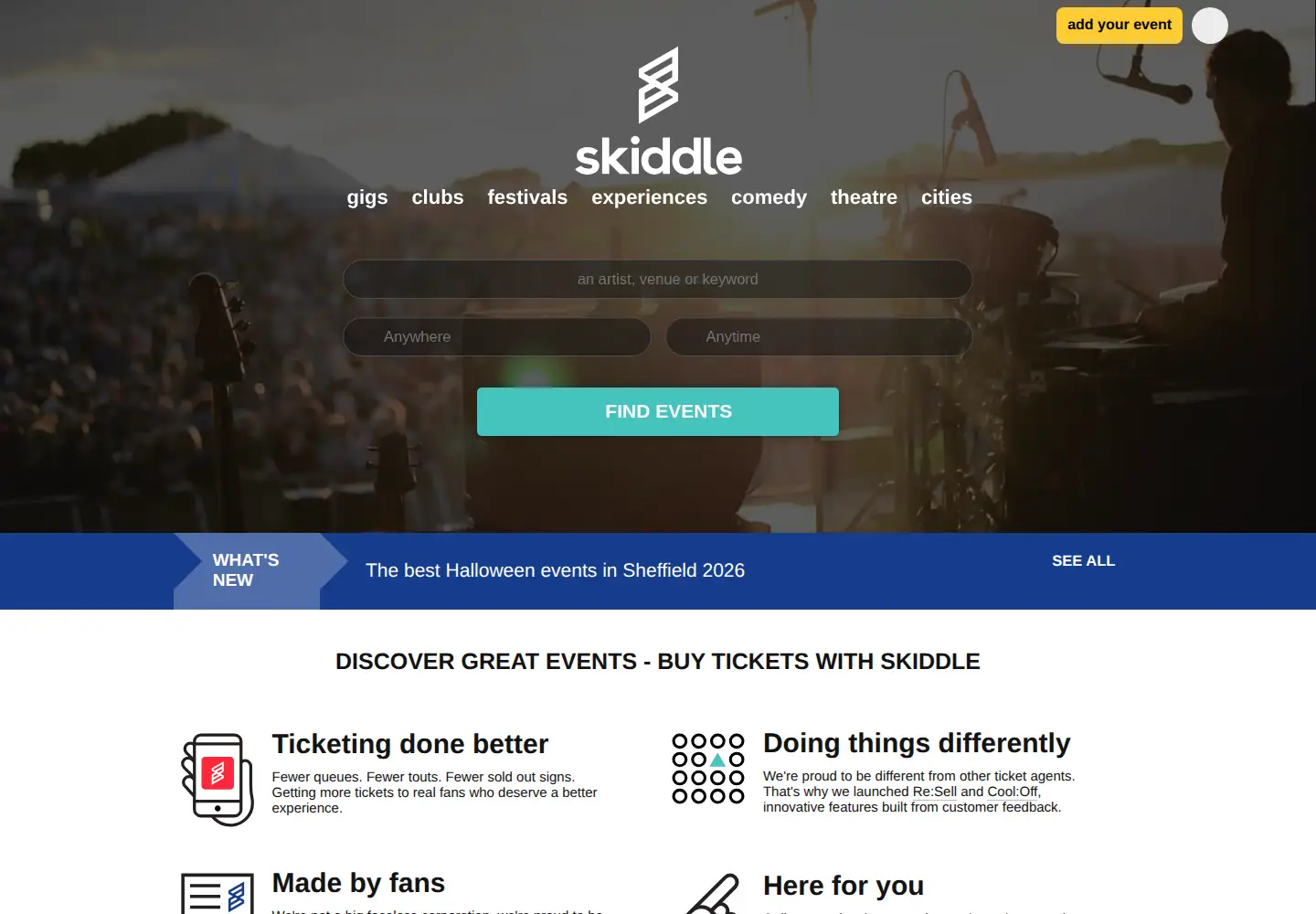 Screenshot of skiddle.com