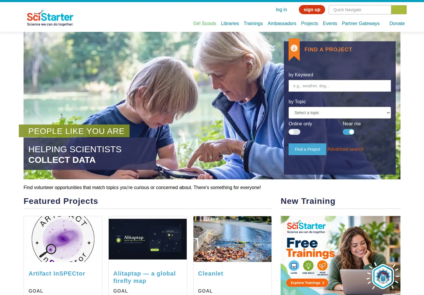 Screenshot of scistarter.org