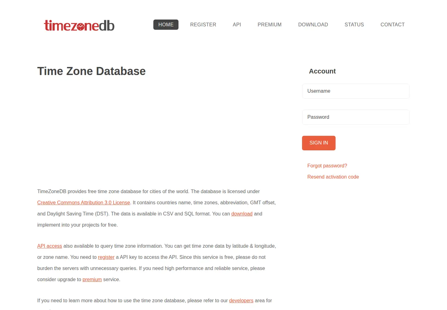 Screenshot of timezonedb.com