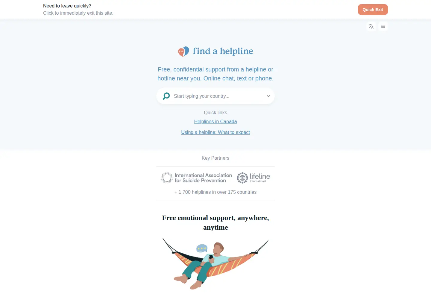 Screenshot of findahelpline.com