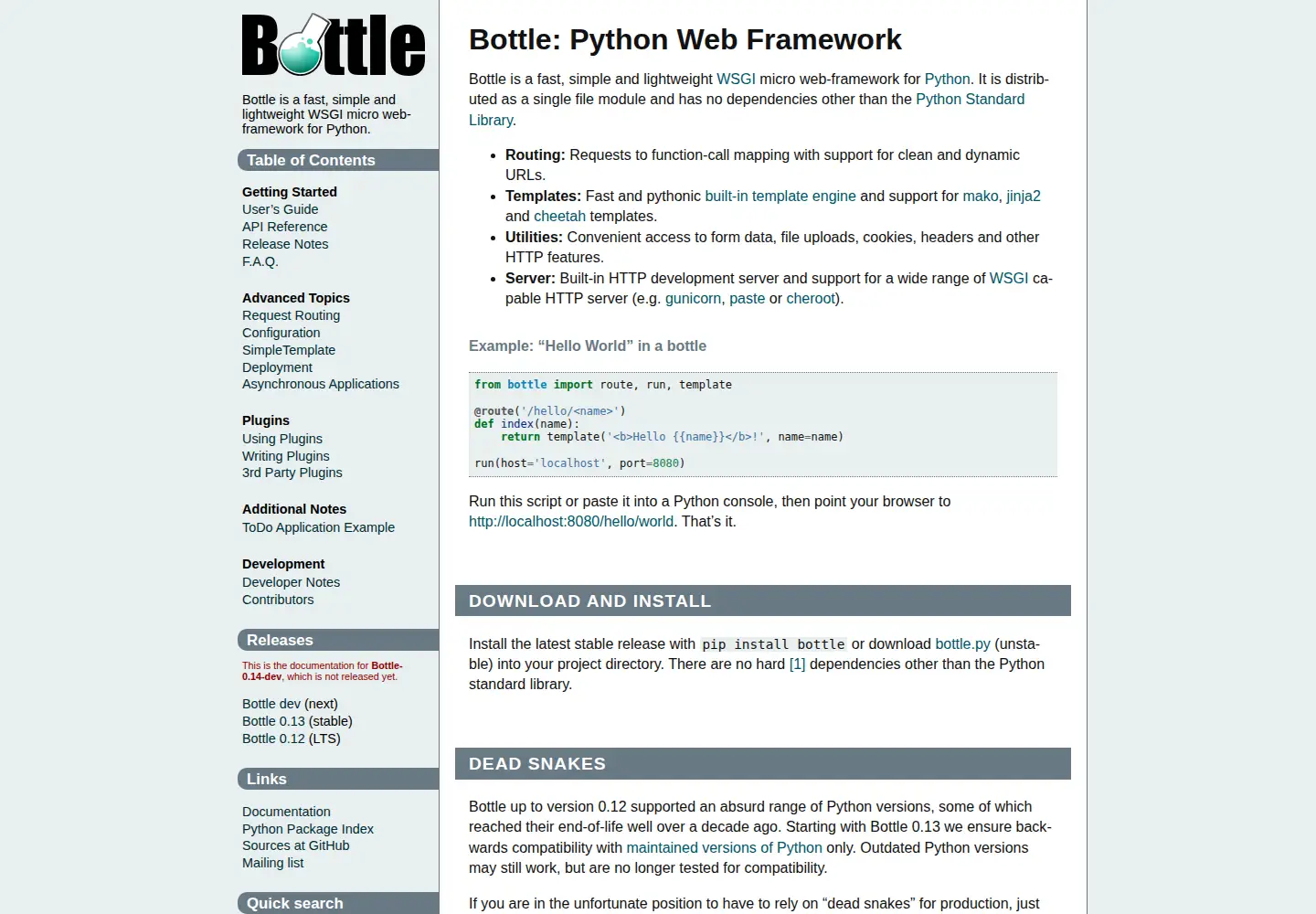 Screenshot of bottlepy.org
