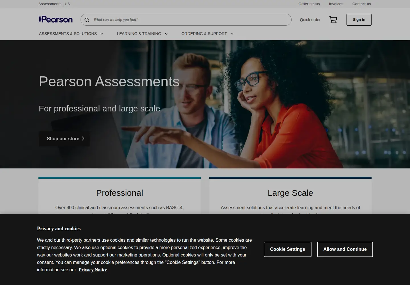 Screenshot of pearsonassessments.com