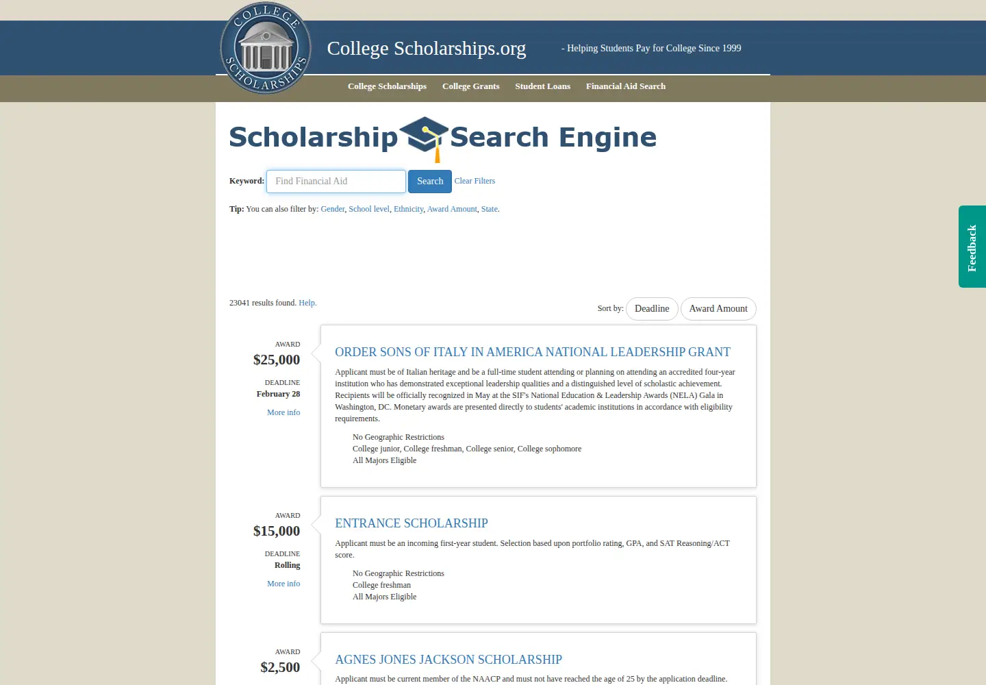 Screenshot of collegescholarships.org
