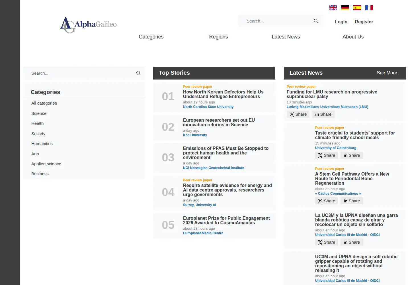 Screenshot of alphagalileo.org
