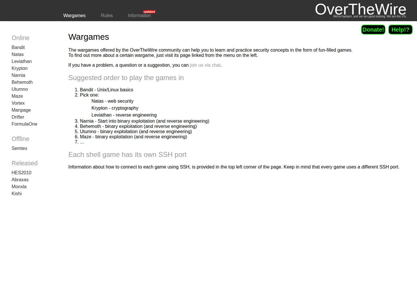 Captured homepage of overthewire.org in the current scan