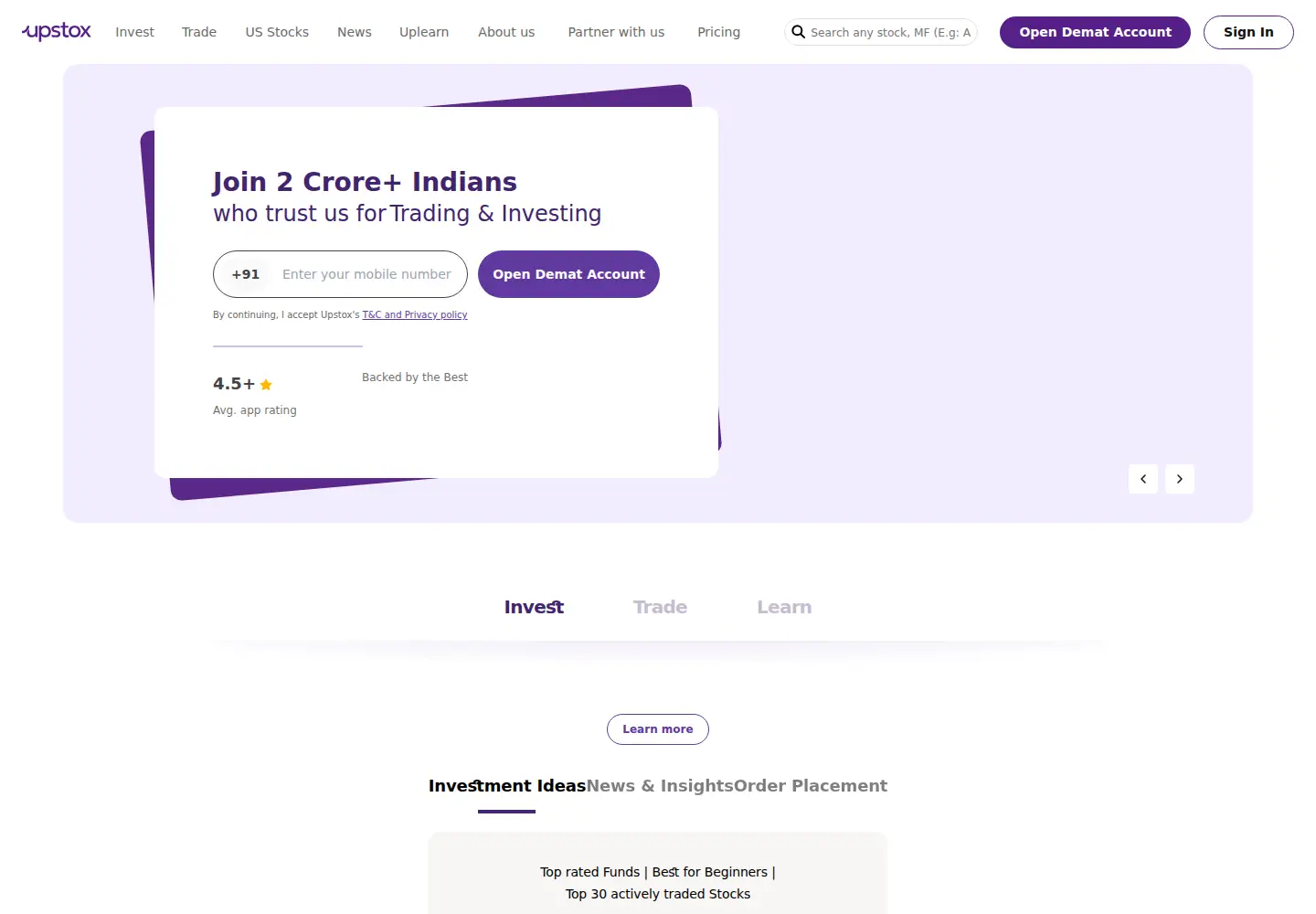 Screenshot of upstox.com