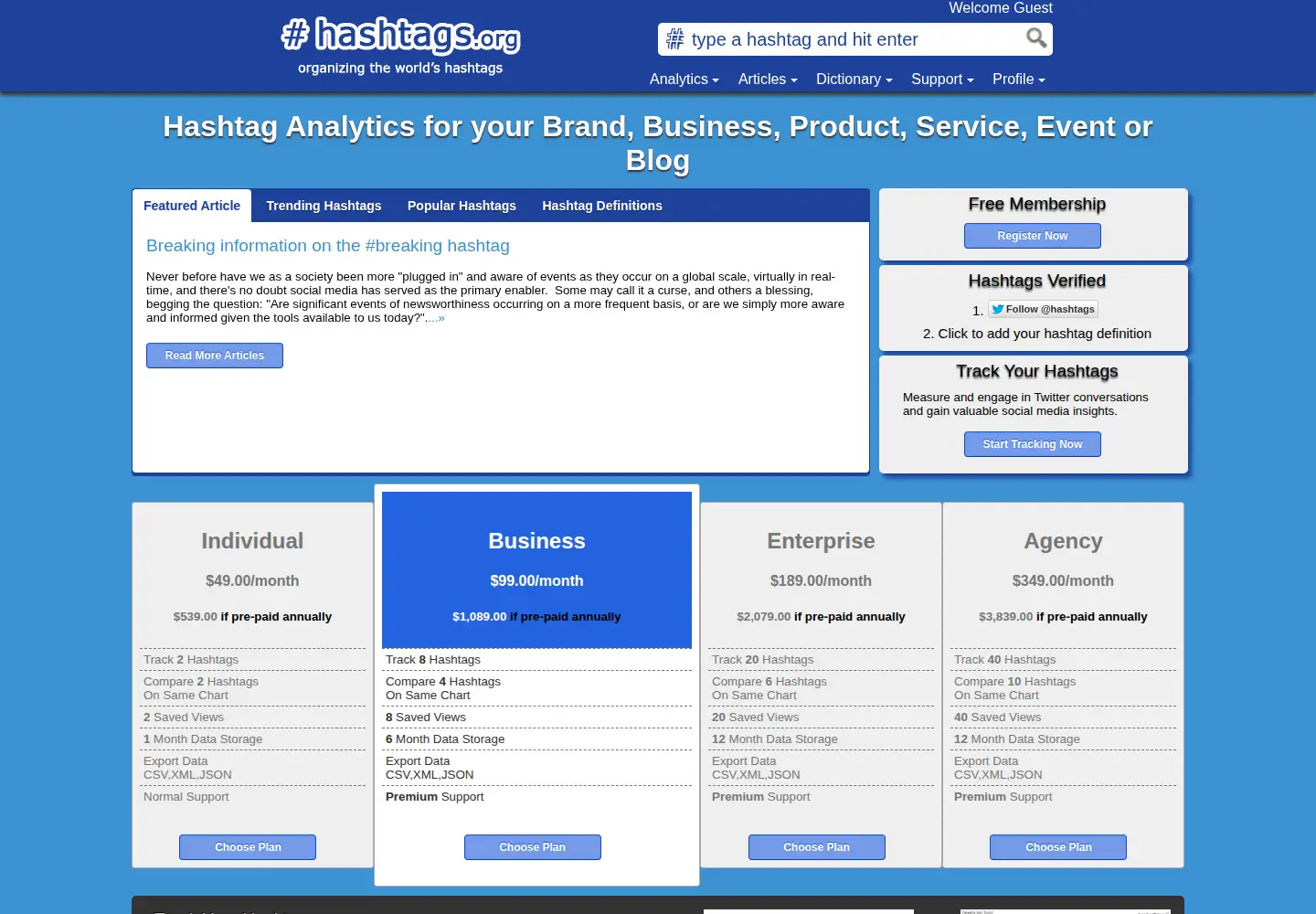 Screenshot of hashtags.org