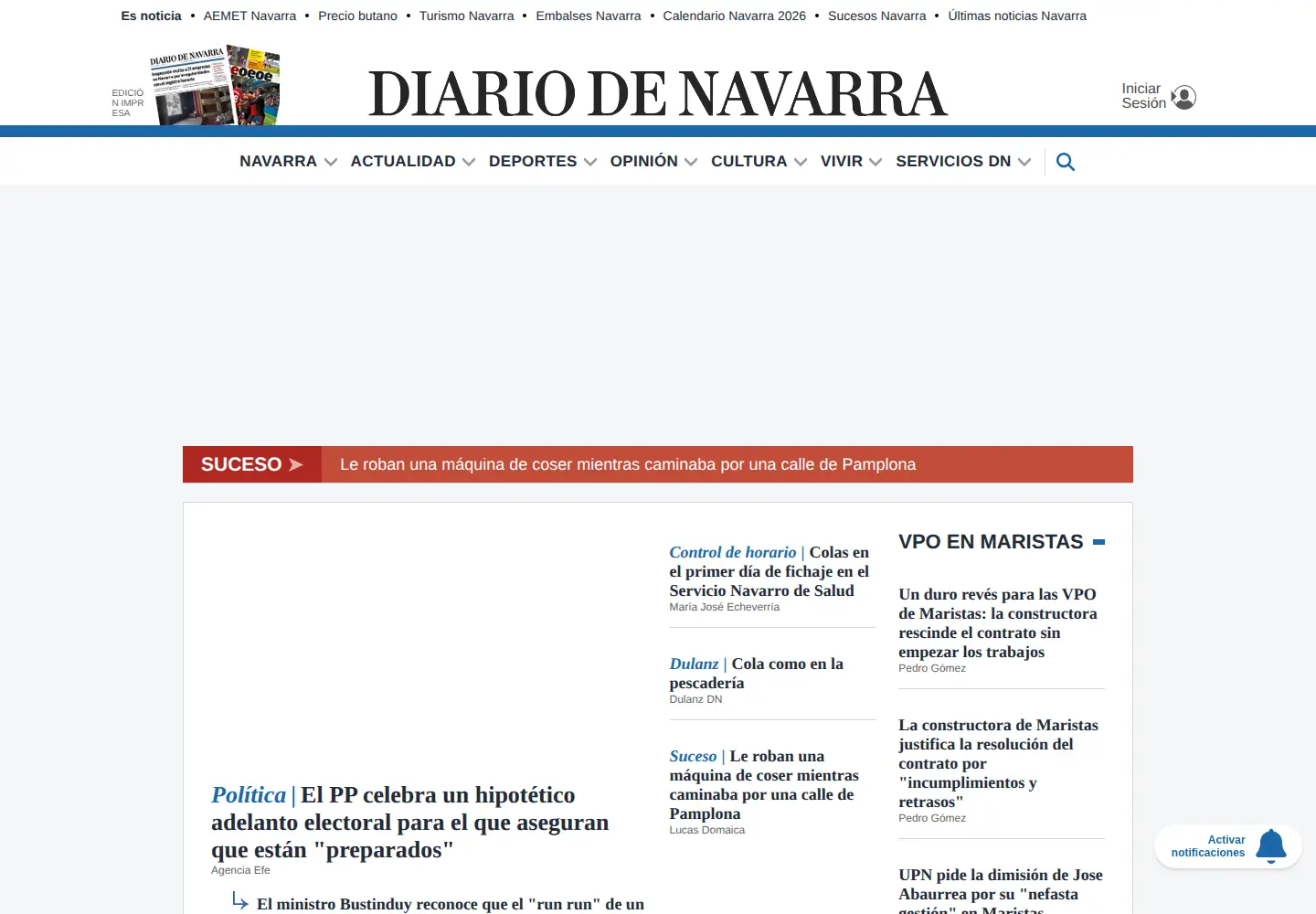 Captured homepage of diariodenavarra.es in the current scan