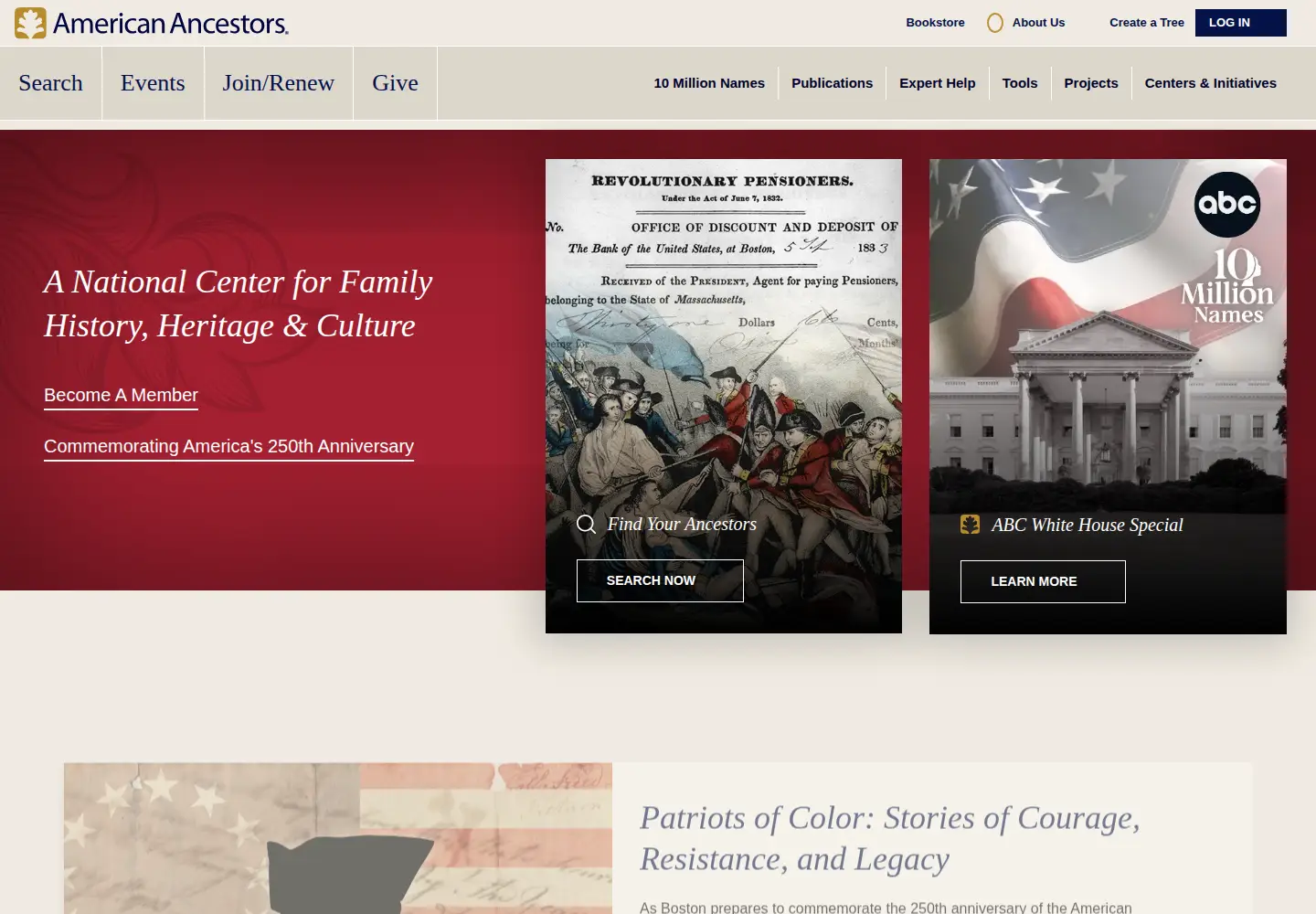 Screenshot of americanancestors.org