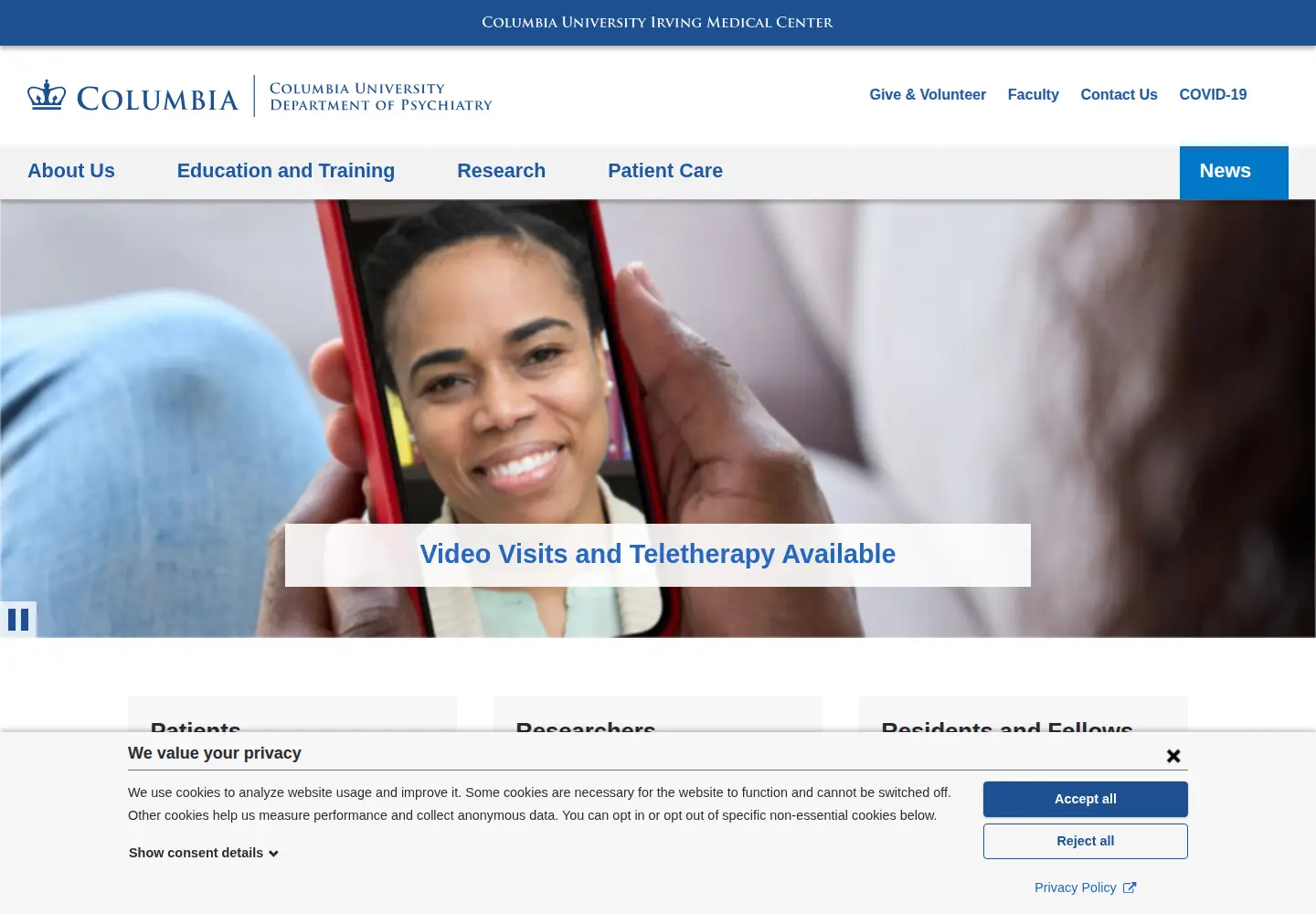 Screenshot of columbiapsychiatry.org