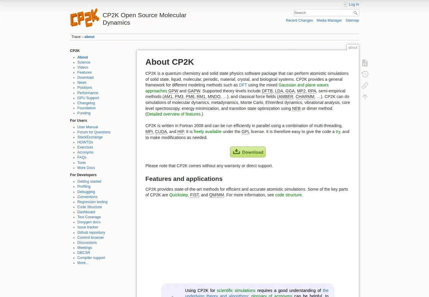 Screenshot of cp2k.org