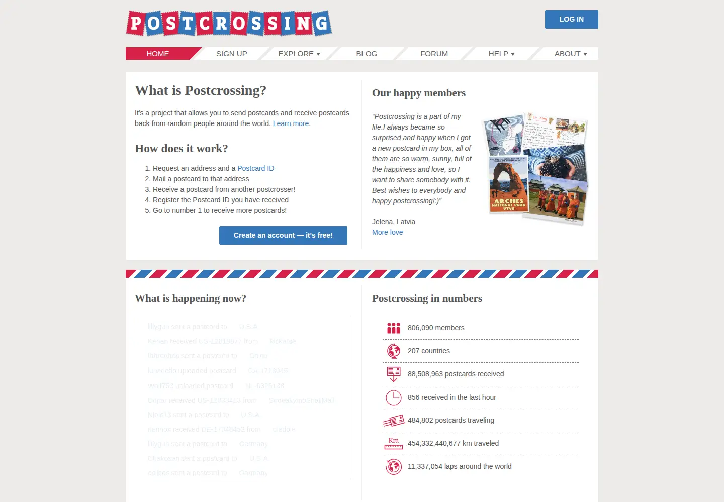 Screenshot of postcrossing.com