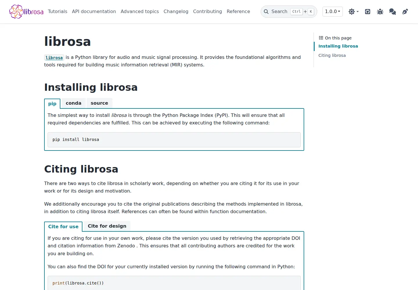 Captured homepage of librosa.org in the current scan