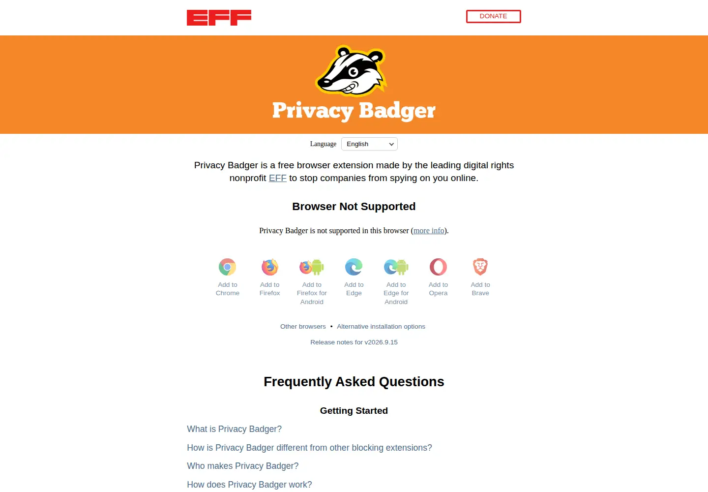 Captured homepage of privacybadger.org in the current scan