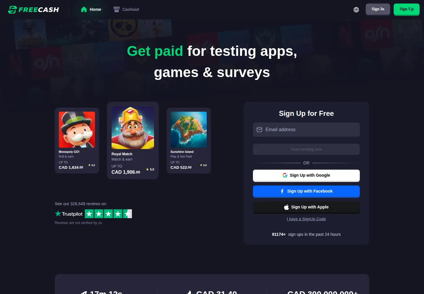 Screenshot of freecash.com