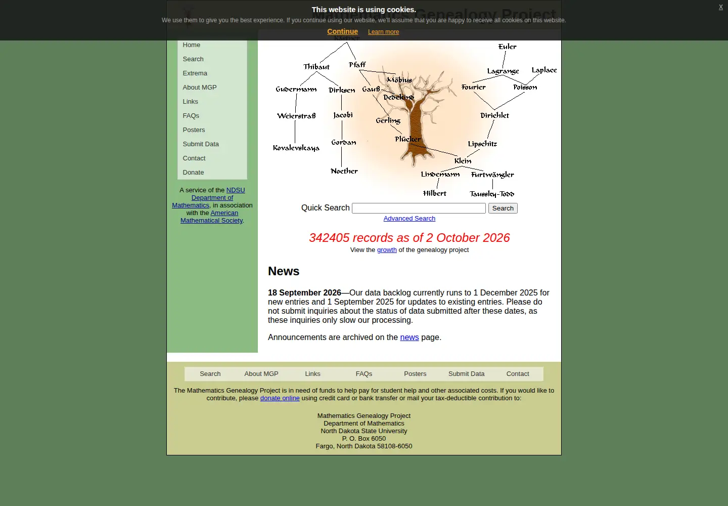 Screenshot of mathgenealogy.org