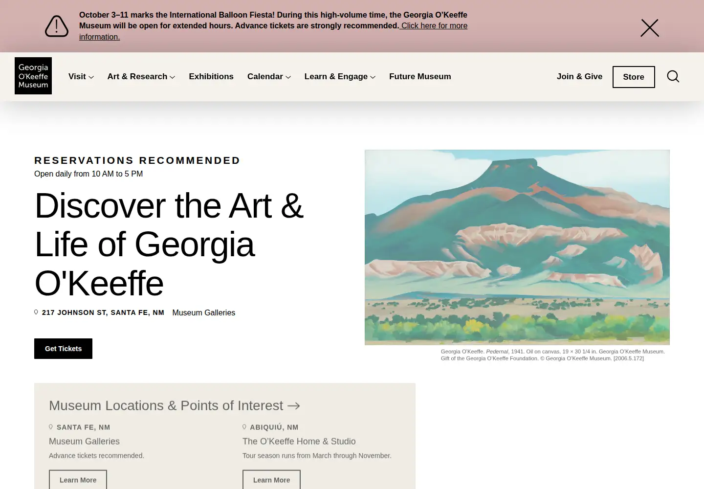 Captured homepage of okeeffemuseum.org in the current scan