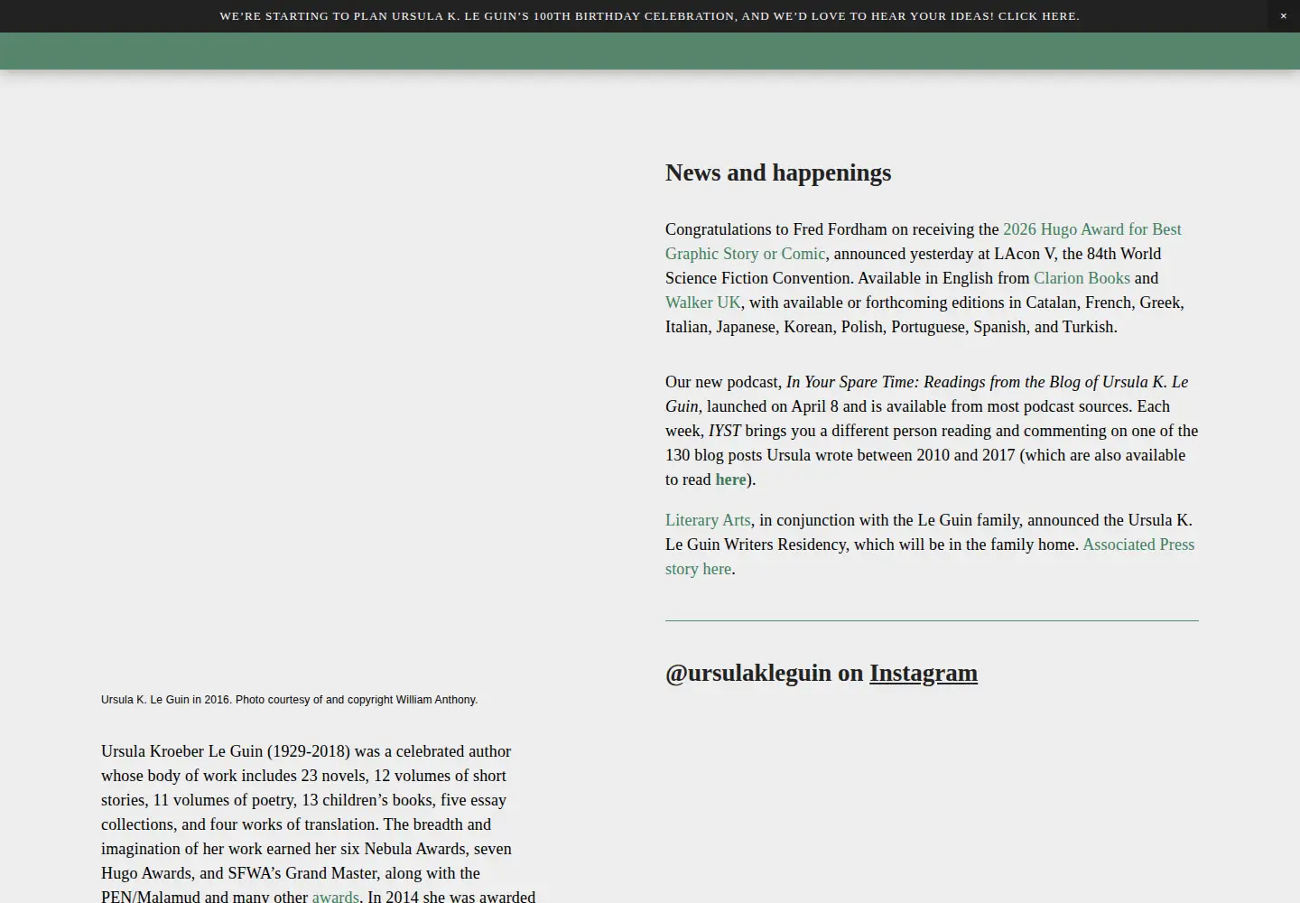 Captured homepage of ursulakleguin.com in the current scan
