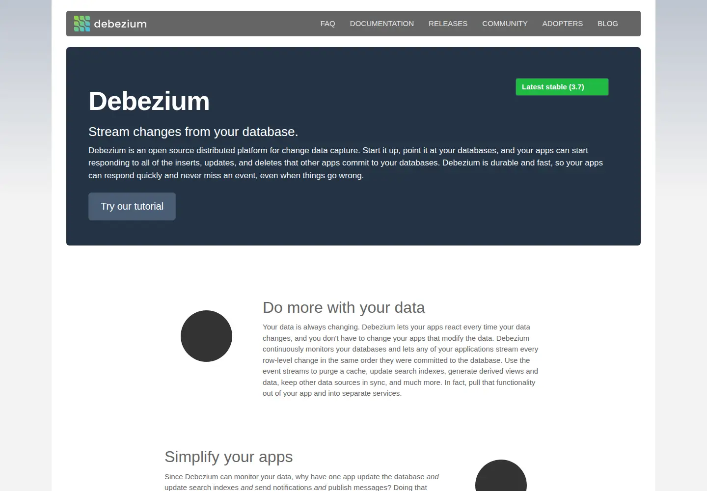 Screenshot of debezium.io