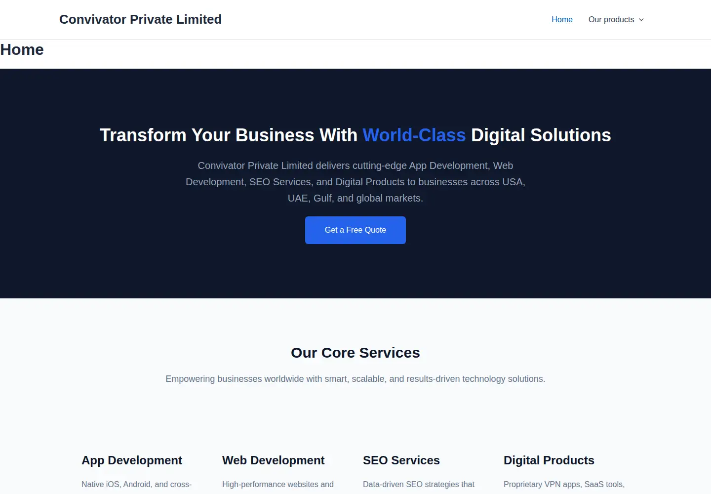 Captured homepage of convivatorprivatelimited.com in the current scan