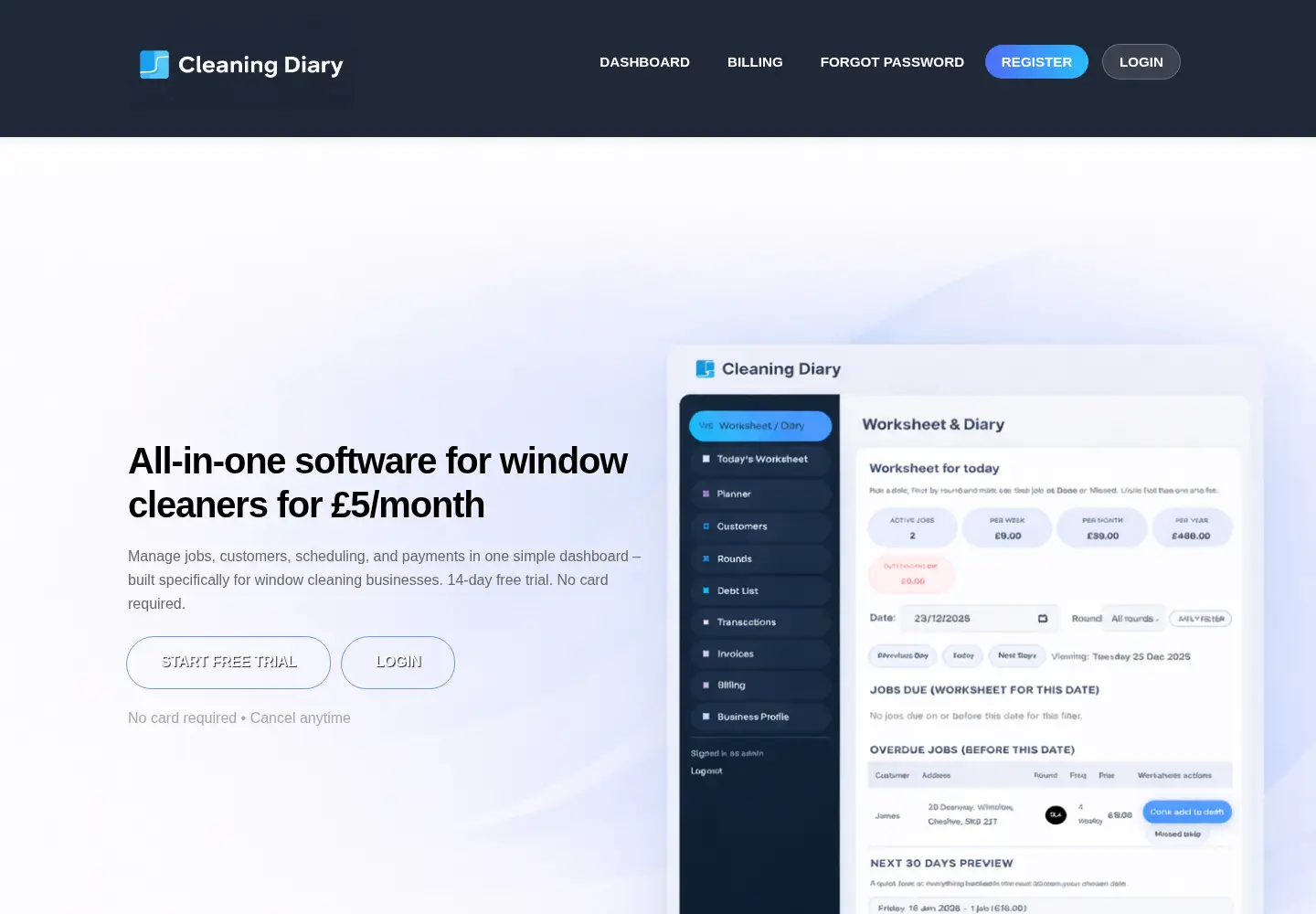 Screenshot of cleaningdiary.co.uk