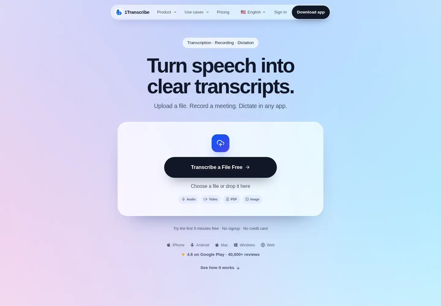 Screenshot of 1transcribe.com