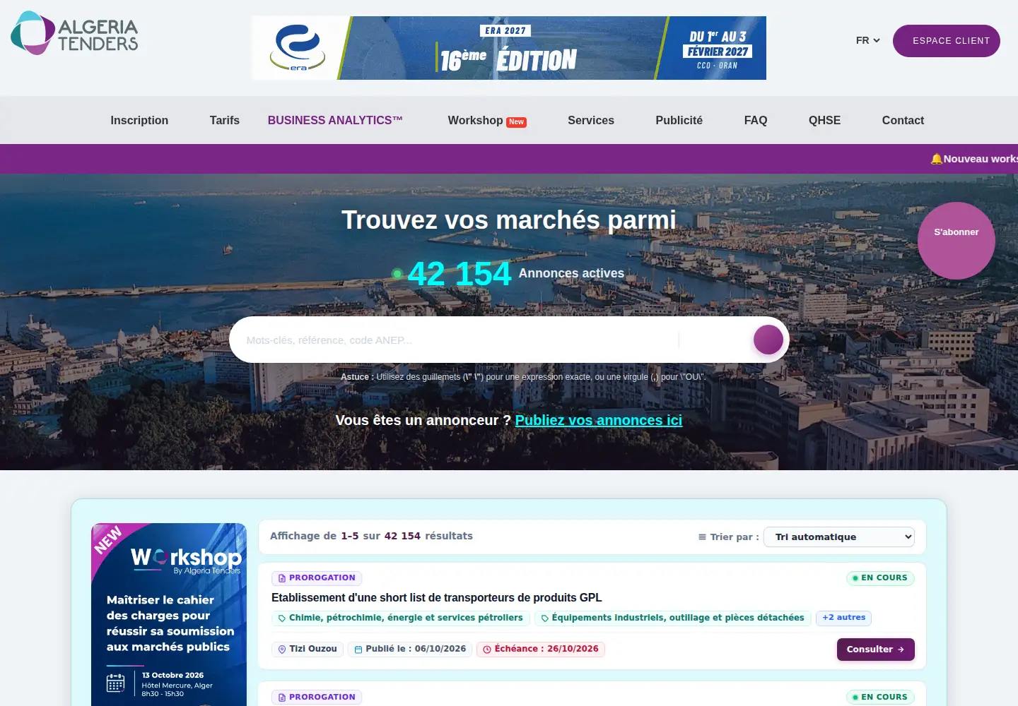 Captured homepage of algeriatenders.com in the current scan