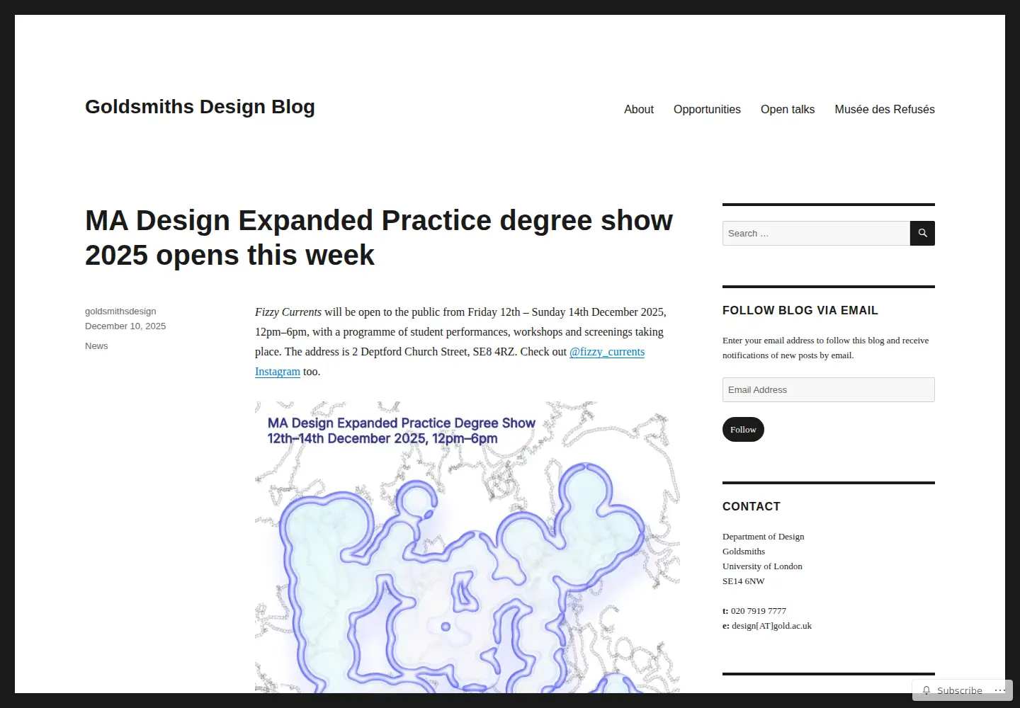 Captured homepage of goldsmithsdesignblog.com in the current scan