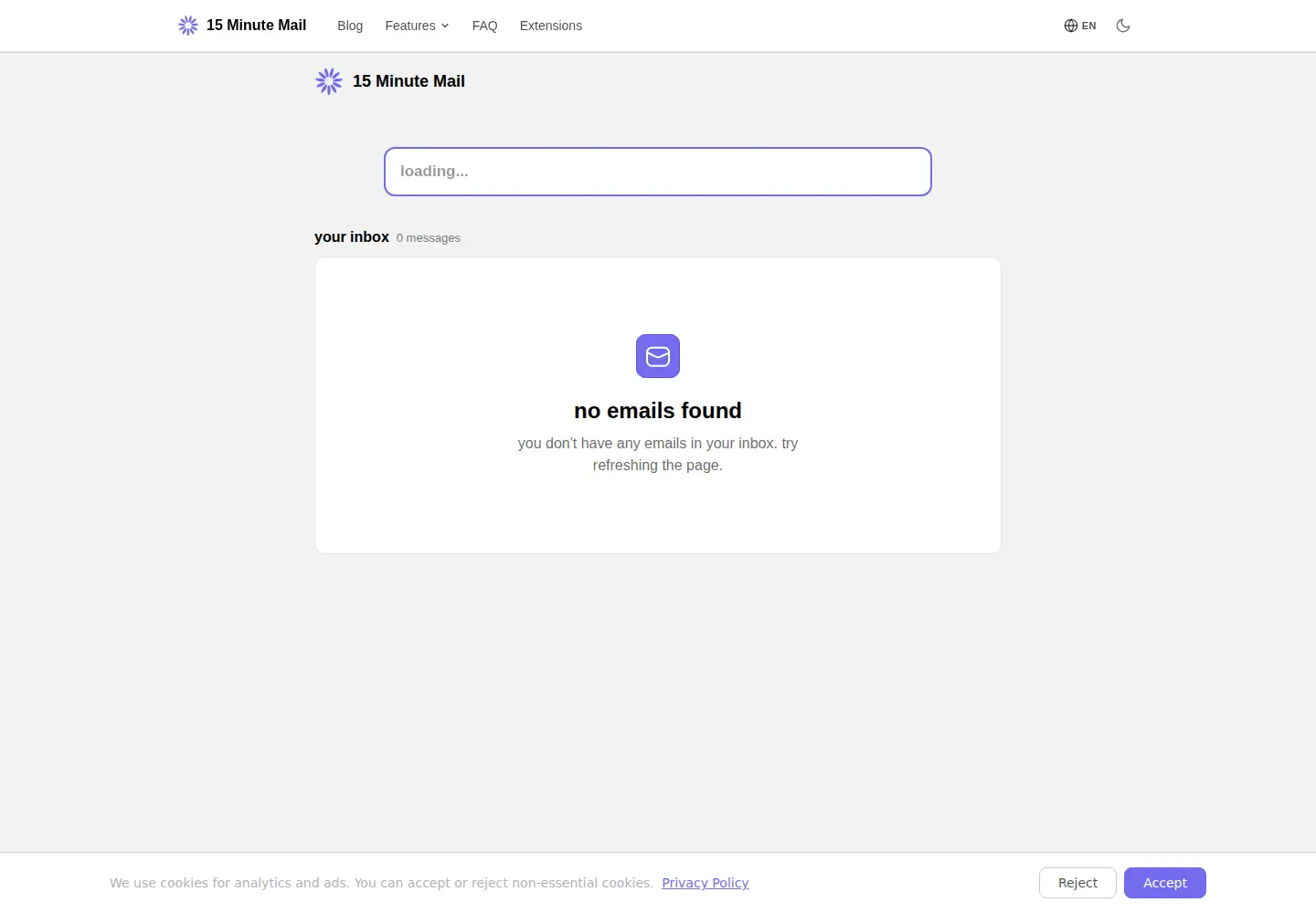 Screenshot of 15minutemail.com