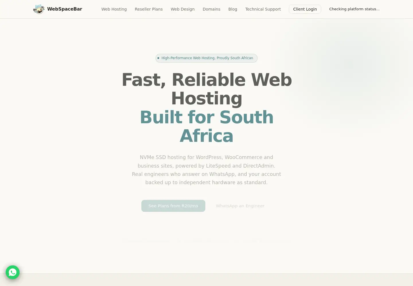 Screenshot of webspacebar.co.za