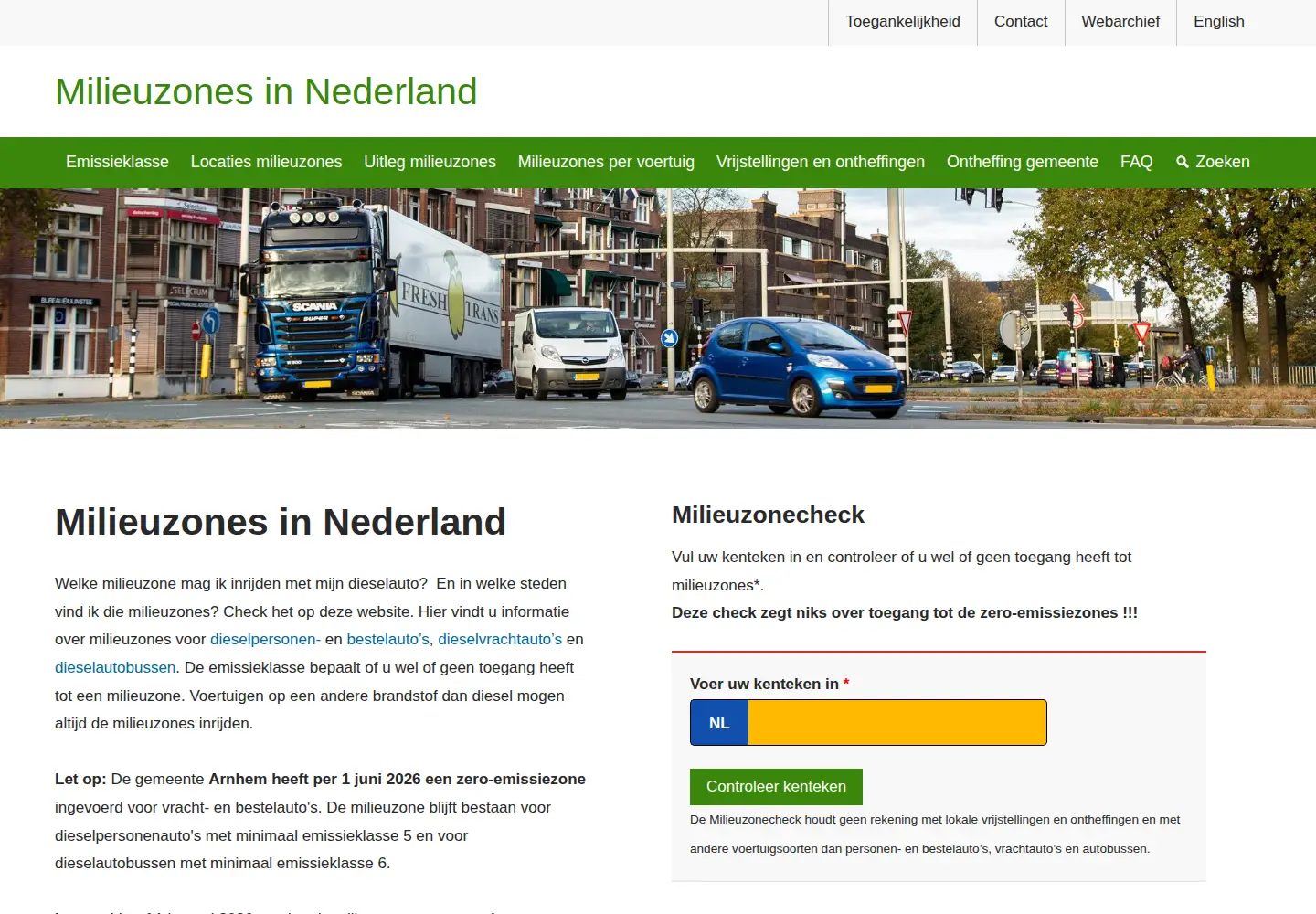 Captured homepage of milieuzones.nl in the current scan