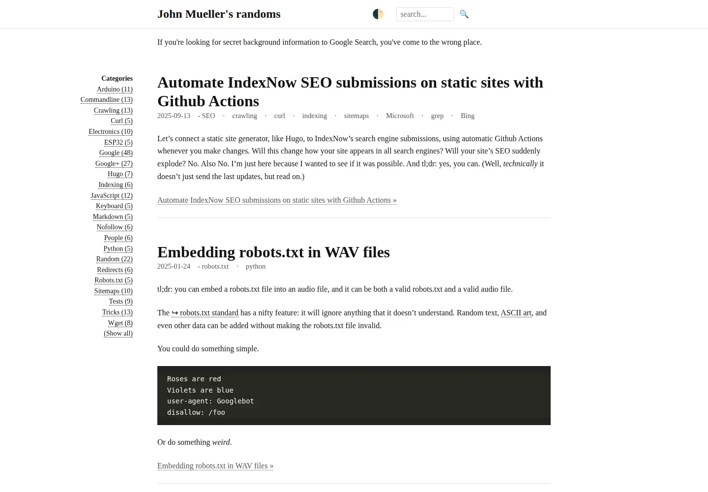 Captured homepage of johnmu.com in the current scan
