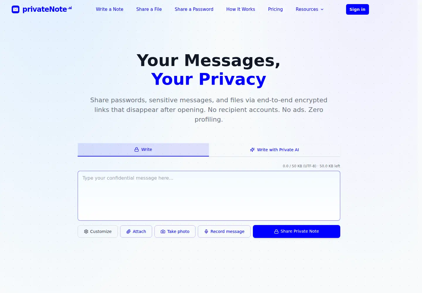 Screenshot of privatenote.ai