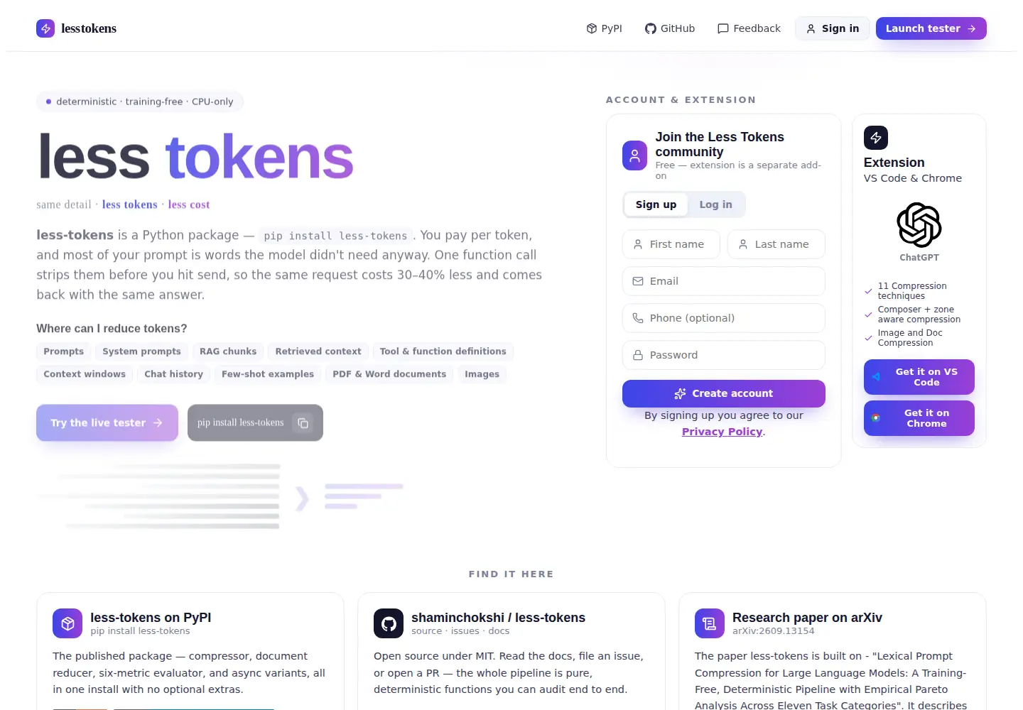 Captured homepage of lesstokens.org in the current scan
