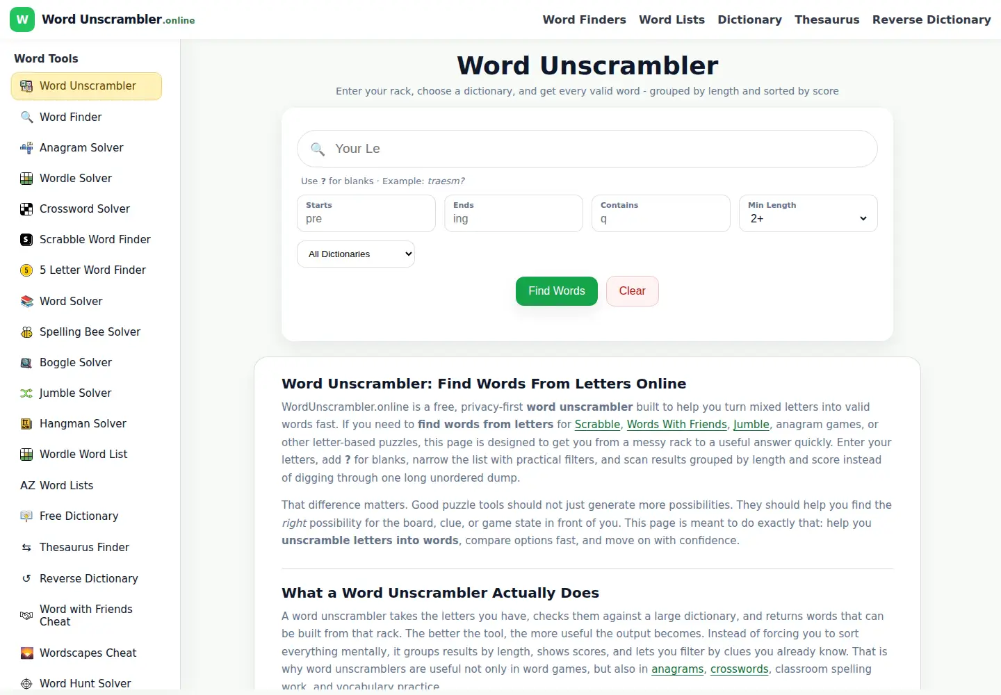 Captured homepage of wordunscrambler.online in the current scan