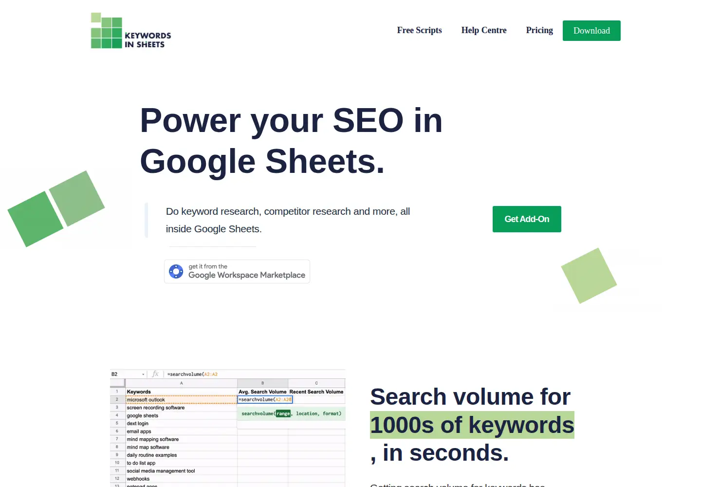 Screenshot of keywordsinsheets.com