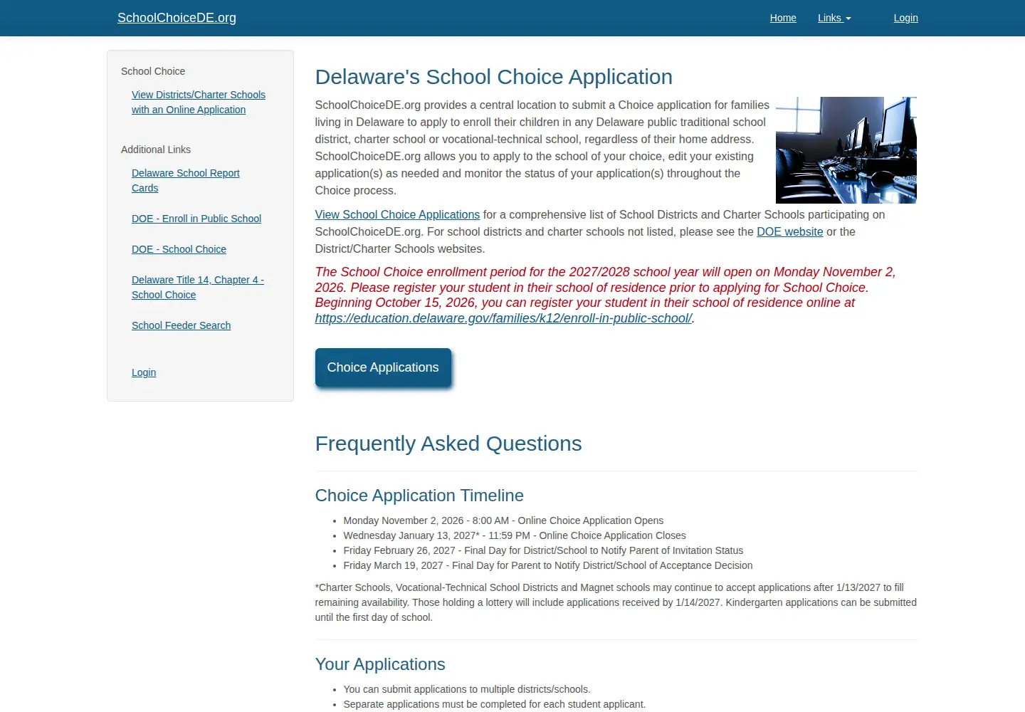 Captured homepage of schoolchoicede.org in the current scan