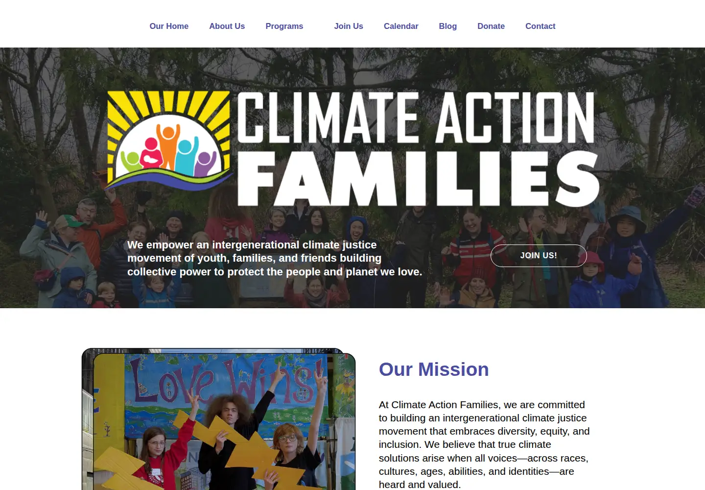 Captured homepage of climateactionfamilies.org in the current scan