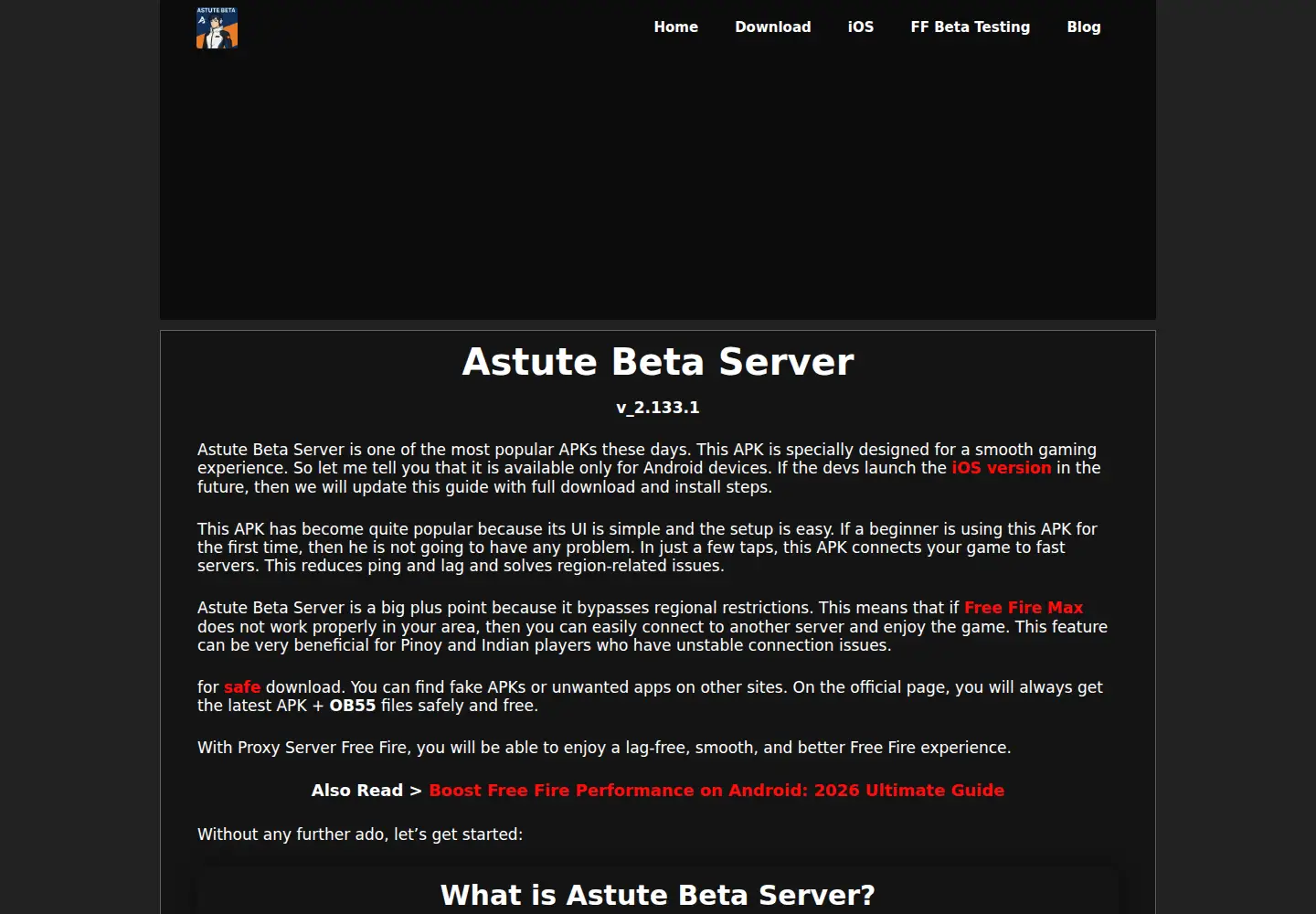 Captured homepage of astutebetaserverff.com in the current scan