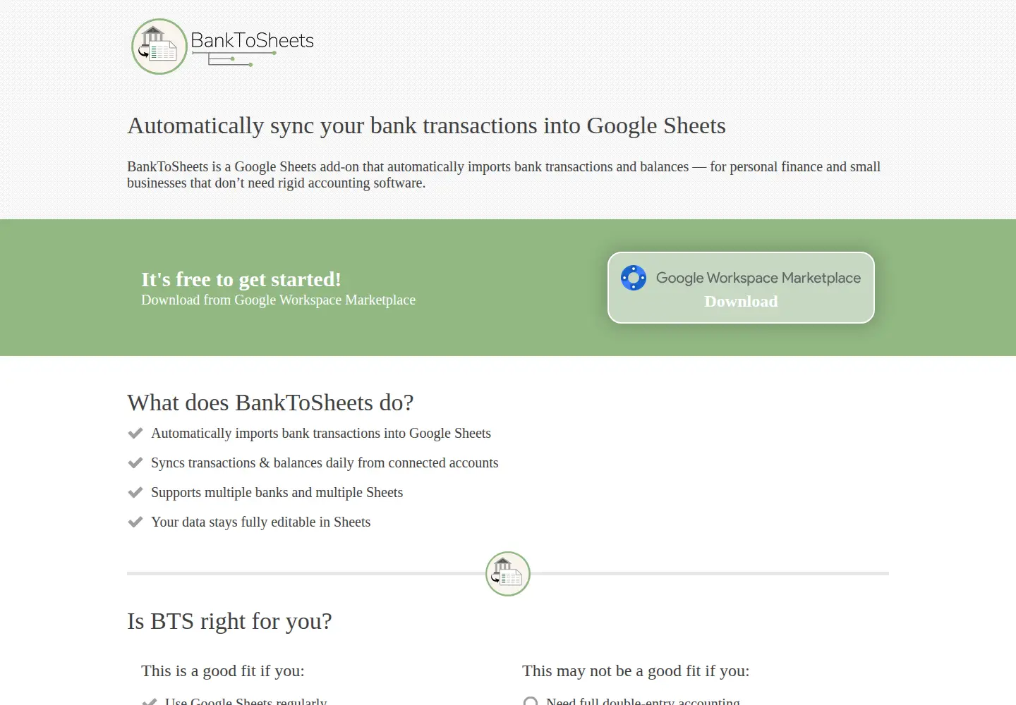 Screenshot of banktosheets.com
