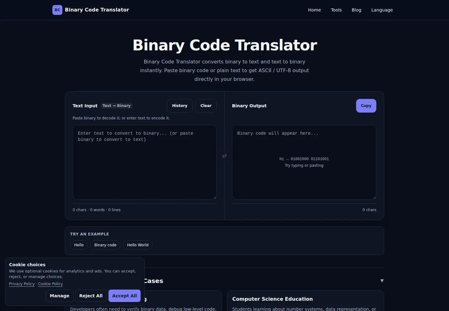 Screenshot of binary-code-translator.com