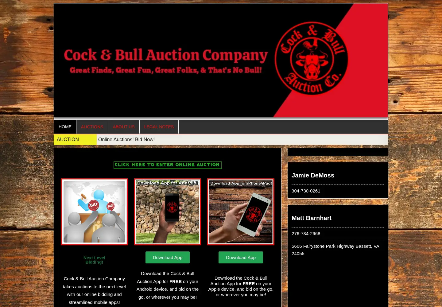 Captured homepage of cockandbullauctions.com in the current scan