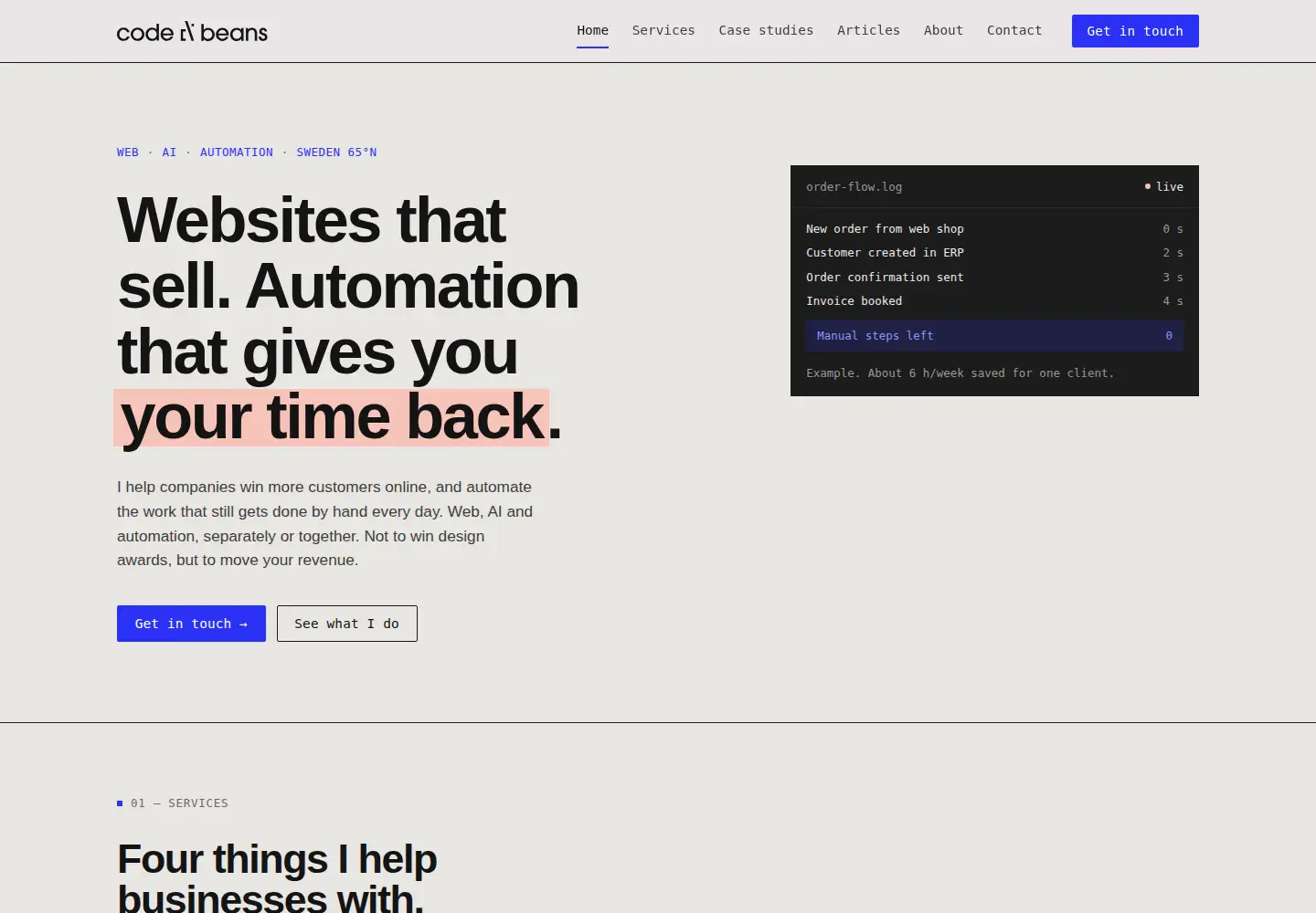 Captured homepage of codeandbeans.com in the current scan