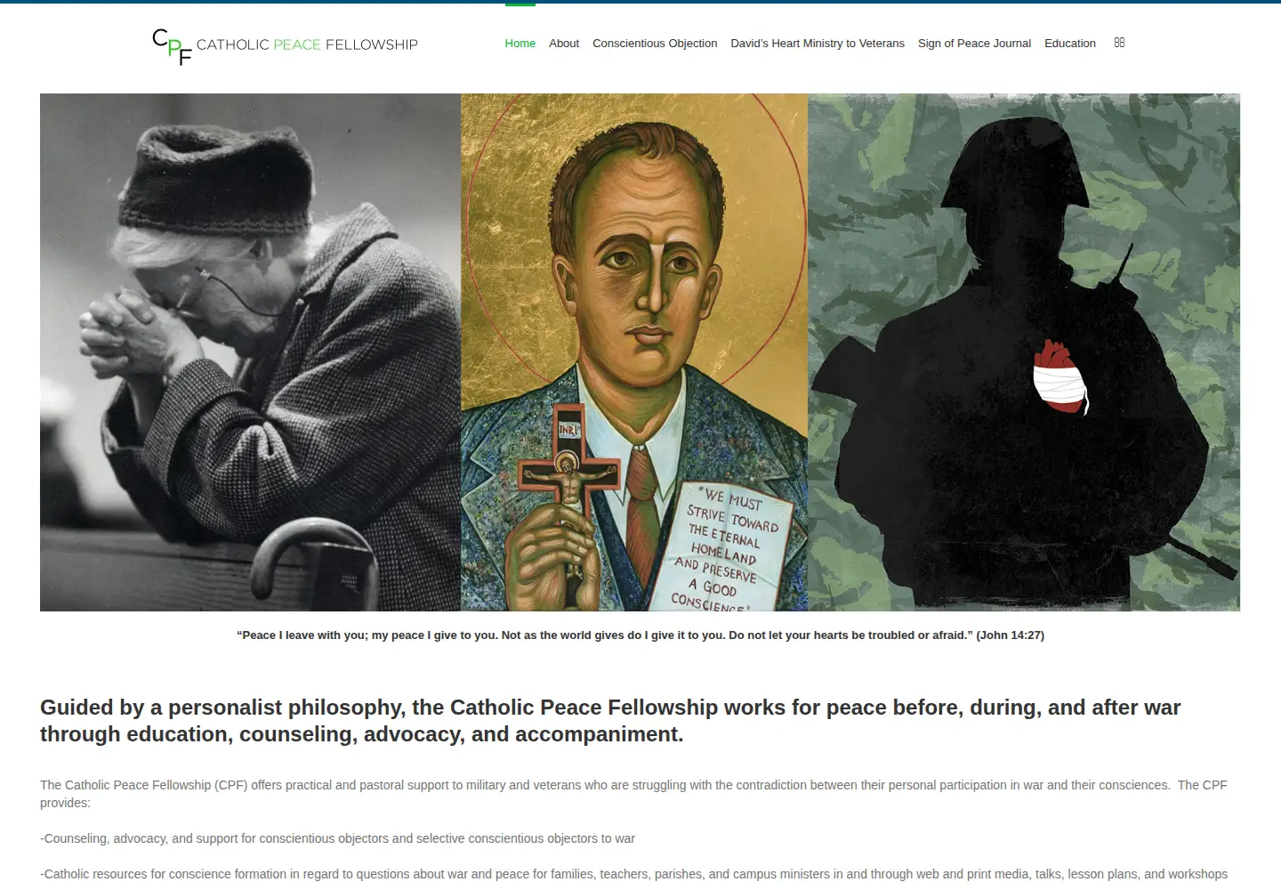 Captured homepage of catholicpeacefellowship.org in the current scan