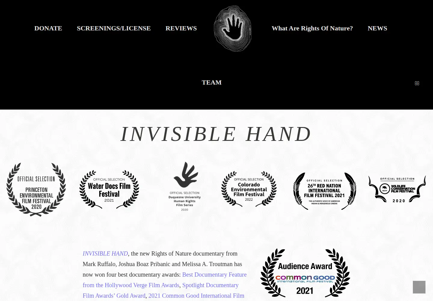 Captured homepage of invisiblehandfilm.com in the current scan