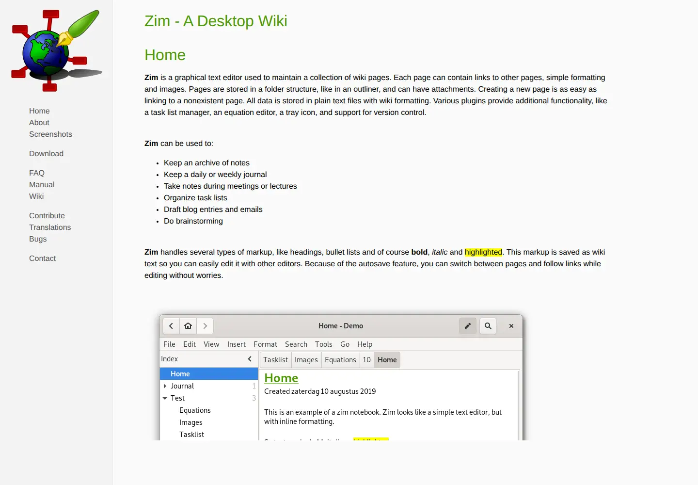 Captured homepage of zim-wiki.org in the current scan