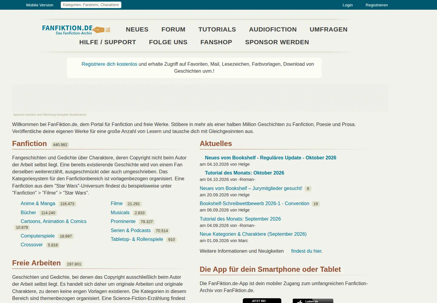 Captured homepage of fanfiktion.de in the current scan