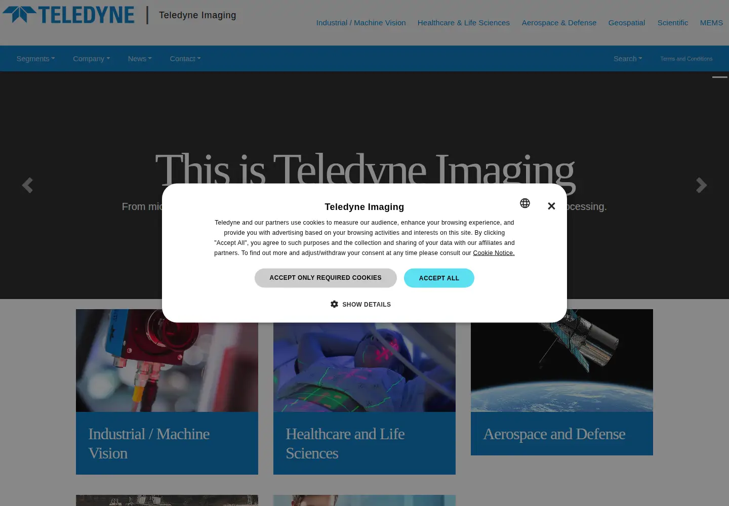 Captured homepage of teledyneimaging.com in the current scan