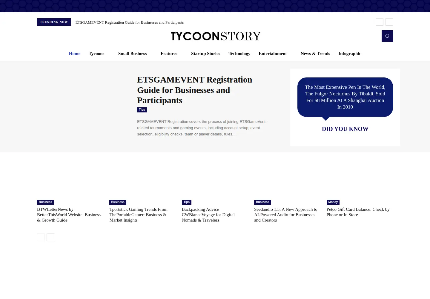 Captured homepage of tycoonstory.com in the current scan